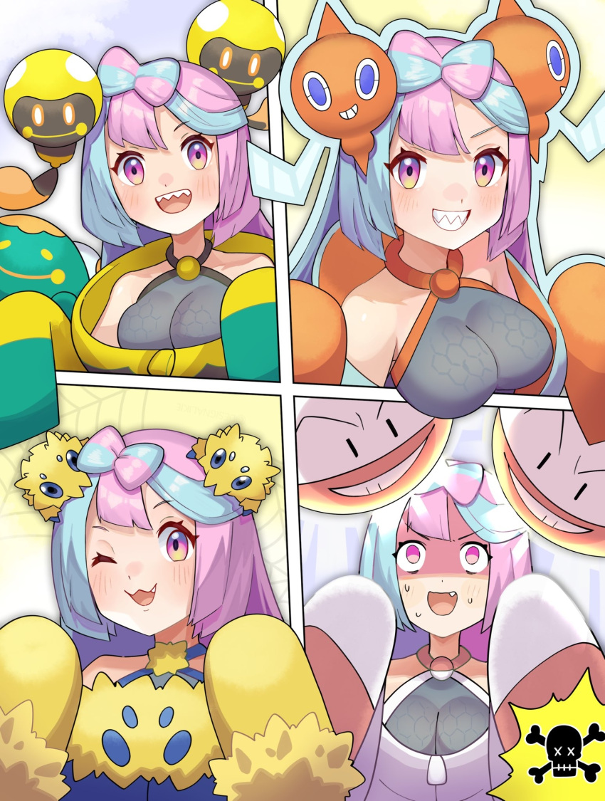 :d alternate_color bellibolt blush breasts commentary_request electrode_(pokemon) female grey_shirt grin highres iono_(pokemon) jacket joltik katwo long_hair multiple_views oerba_yun_fang open_mouth pink_hair pokemon pokemon_(creature) pokemon_sv rotom rotom_(normal) shaded_face shirt sleeveless sleeveless_shirt smile sweat tadbulb teeth tongue upper_teeth_only yellow_jacket