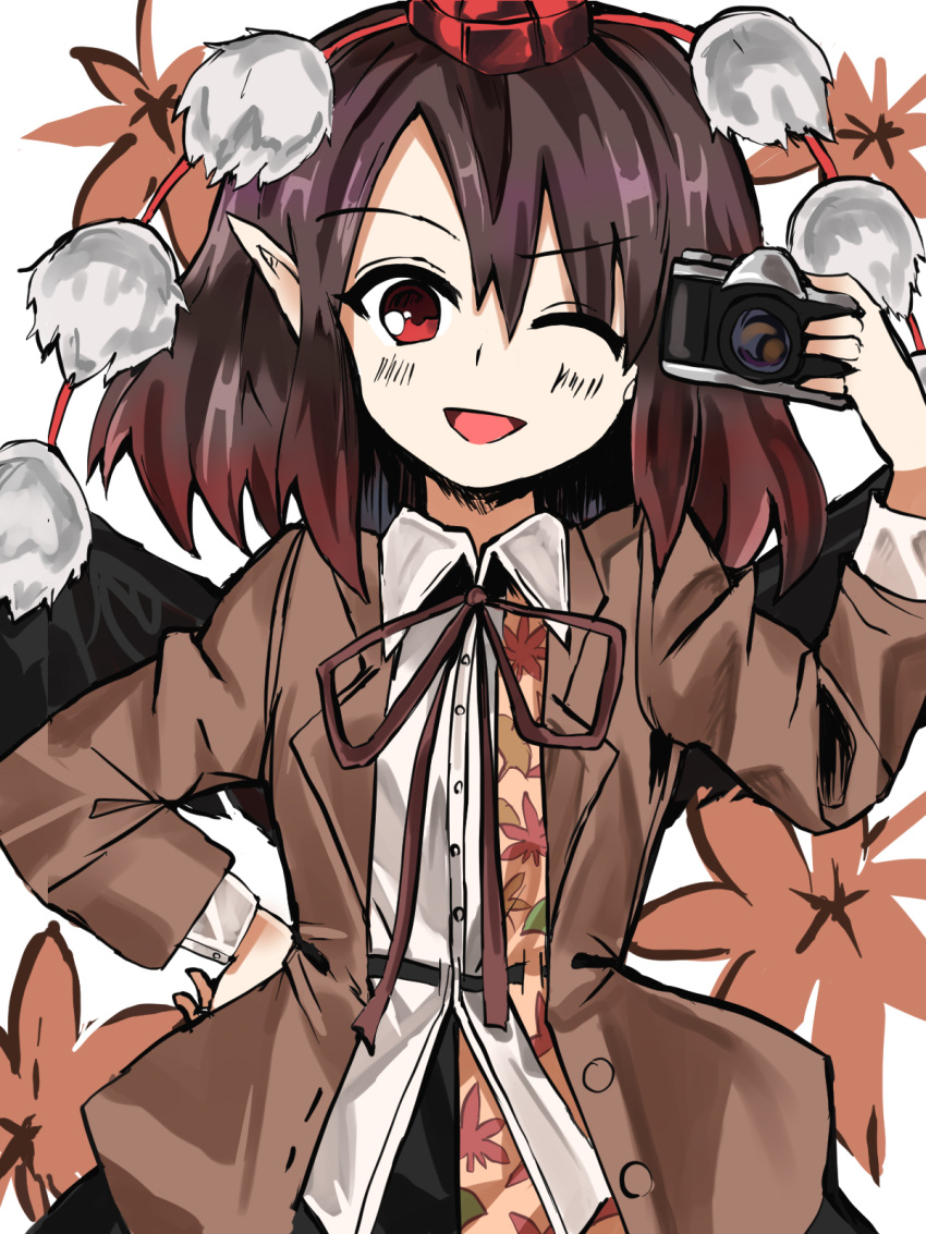 adapted_costume autumn_leaves belt bird_wings black_belt black_skirt black_wings blush breasts brown_hair brown_jacket brown_ribbon camera collared_shirt feathered_wings female hand_on_own_hip happy hat highres holding holding_camera jacket leaf leaf_print long_sleeves looking_at_viewer maple_leaf one_eye_closed open_clothes open_jacket open_mouth pointy_ears pom_pom_(clothes) red_eyes red_headwear ribbon shameimaru_aya shirt short_hair simple_background skirt small_breasts sutaku77224 tengu tokin_hat touhou upper_body white_background white_shirt wings