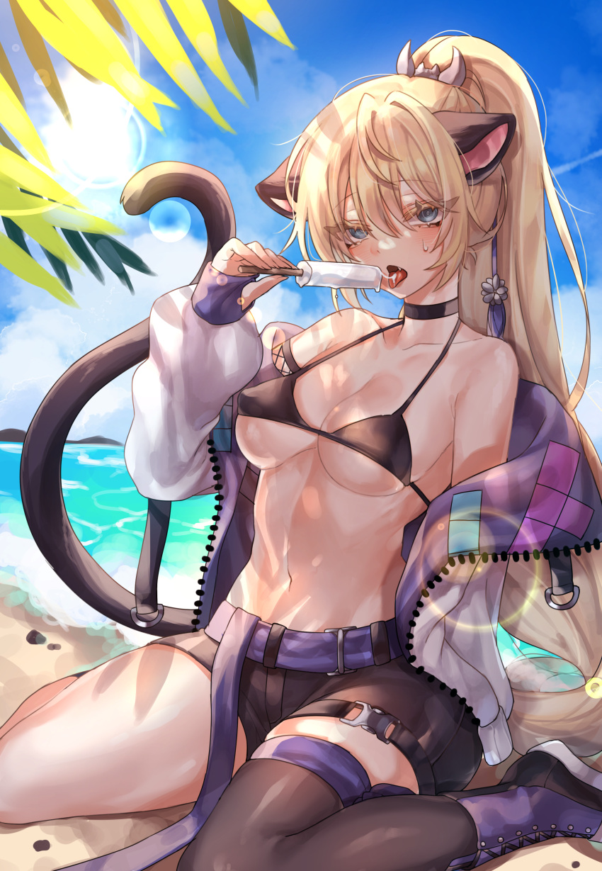 absurdres animal_ears bad_id bad_pixiv_id bare_shoulders beach belt bikini bikini_top_only black_bikini black_footwear black_legwear blonde_hair blue_eyes blue_sky breasts cat_ears choker cloud cloudy_sky collarbone commentary commission day english_commentary eyes_visible_through_hair female food hair_between_eyes highres holding holding_food hot jacket kithera long_hair melting mountain multicolored_clothes ocean oerba_yun_fang open_clothes open_jacket open_mouth original outdoors patterned patterned_clothing pebble ponytail popsicle purple_footwear sand silhouette sitting skindentation sky solo summer sun sweat swimsuit tail tetris thighs tongue tongue_out very_long_hair wariza water white_jacket