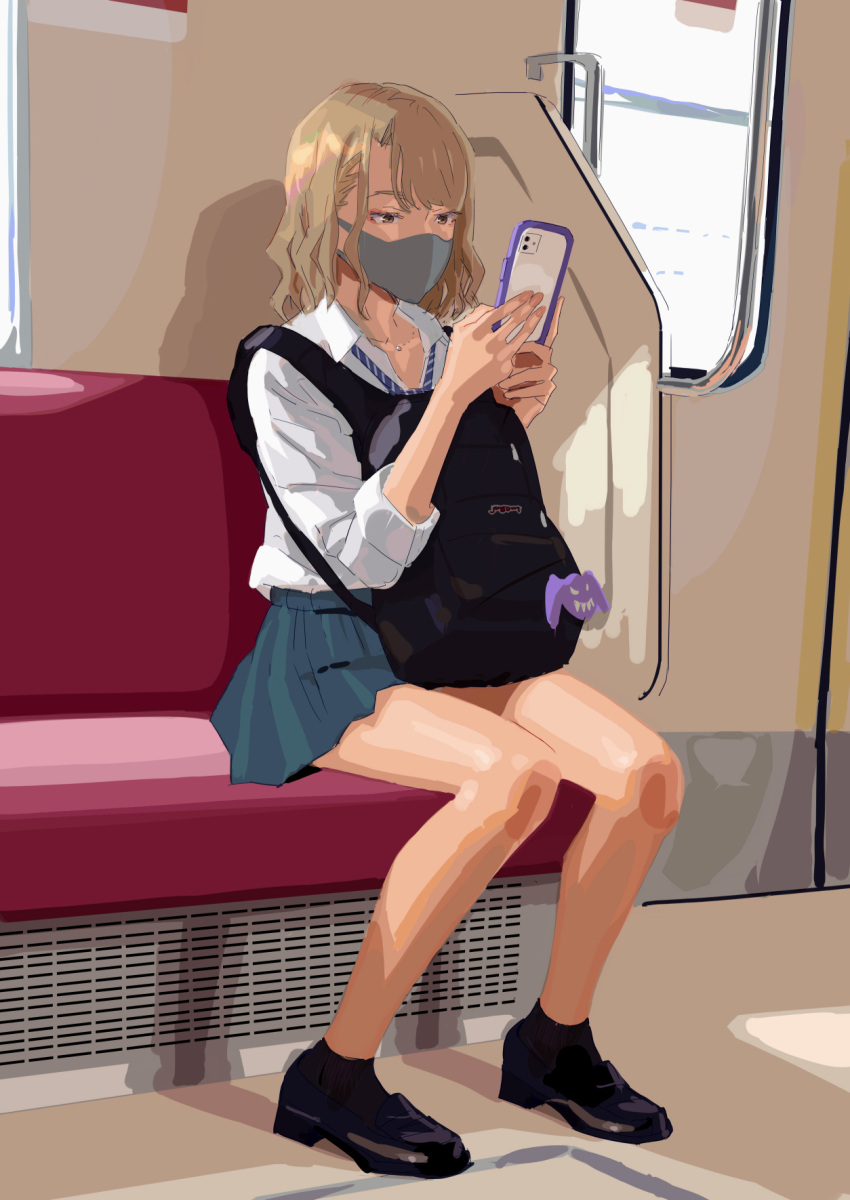 backpack bag bag_on_lap black_footwear black_socks blonde_hair blue_skirt brown_eyes cellphone closed_mouth curly_hair female full_body gyaru highres holding holding_phone jewelry kogal loafers long_sleeves looking_at_phone mask medium_hair miniskirt mouth_mask necklace necktie original phone pleated_skirt school_uniform shirt shoes sitting skirt smartphone socks solo streetcar_interior vehicle_interior white_shirt wing_collar yukiyoshi_mamizu