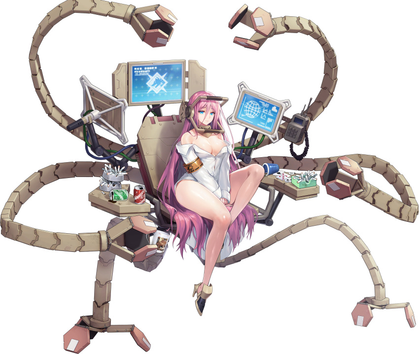 areola_slip ashtray blue_eyes breasts can card cigarette_butt cleavage cup drink_can female full_body hair_between_eyes hair_spread_out high_heels highres last_origin long_hair looking_at_viewer luvents3 mechanical_tentacles medium_breasts monitor mug multiple_monitors naked_shirt official_art pink_hair playing_card power_suit scarabya_(last_origin) shirt sitting soda_can solo tachi-e third-party_source transparent_background very_long_hair white_shirt