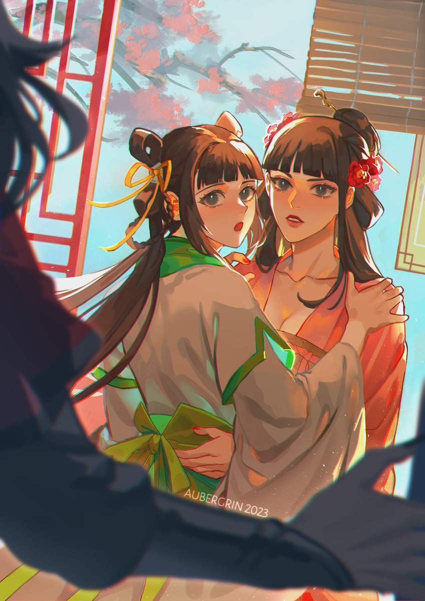 1boy 2023 2girls artist_name aubergrin black_hair breasts collarbone flower hair_flower hair_ornament hair_rings hair_stick highres long_hair luo_binghe multiple_girls ning_yingying qiu_haitang renzha_fanpai_zijiu_xitong wide_sleeves yuri