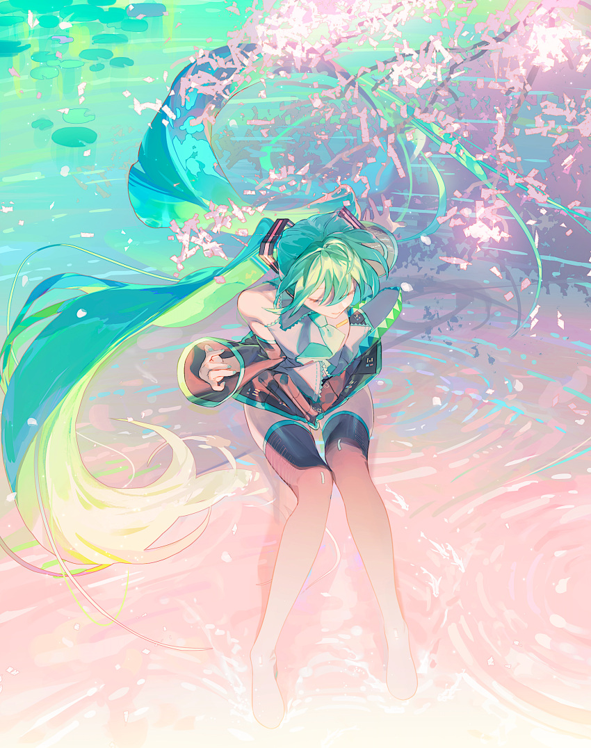 agyou_sonokou_l aqua_hair aqua_nails aqua_necktie arm_held_back bare_shoulders black_skirt boots cherry_blossoms closed_eyes collared_shirt detached_sleeves facing_down female floating_hair from_above full_body grey_shirt hair_ornament hatsune_miku highres knees_up lily_pad long_hair miku_day necktie open_mouth outdoors pond ripples shirt sitting skirt sleeveless sleeveless_shirt solo spring_(season) thigh_boots thighs twintails very_long_hair vocaloid wind