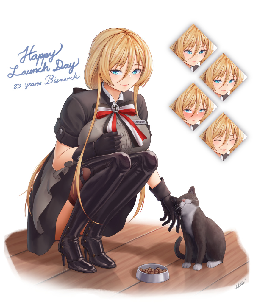 absurdres azur_lane bismarck_(azur_lane) bismarck_(iron_black_elysium)_(azur_lane) black_dress black_footwear black_gloves blonde_hair blue_eyes boots breasts dress expressions feline female framed_breasts full_body gloves grey_shirt hair_between_eyes high_heels highres imperial_german_flag large_breasts long_hair looking_at_viewer official_alternate_costume shirt short_sleeves simple_background solo squatting thigh_boots thighhighs unsinkable_sam white_background whitter wooden_floor