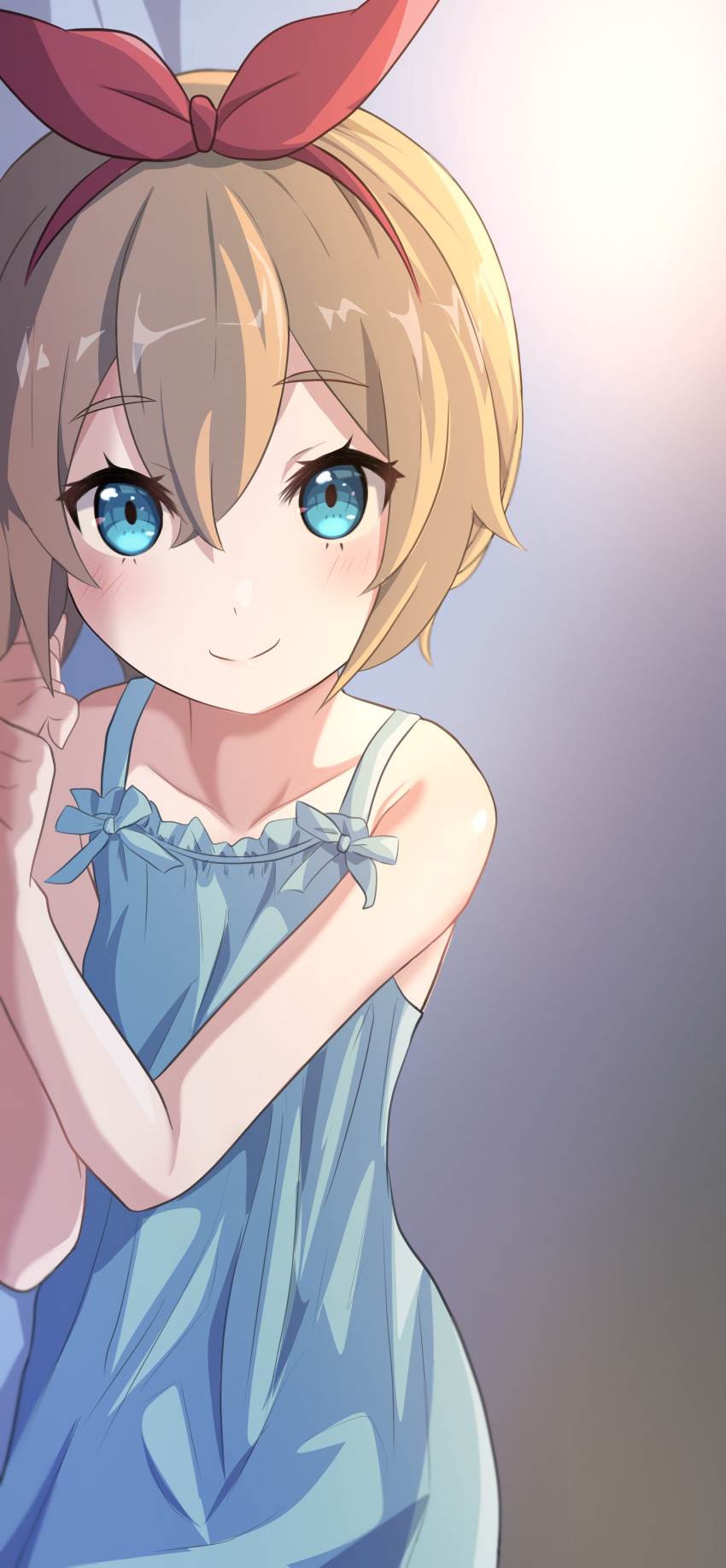 absurdres bare_arms blonde_hair blue_dress blue_eyes bow_hairband camui1104 closed_mouth collarbone commentary dress female grey_background hair_between_eyes hairband highres looking_at_viewer lying nightgown on_bed on_side petra_leyte pov pov_across_bed re:zero_kara_hajimeru_isekai_seikatsu red_hairband red_ribbon ribbon short_hair sleepwear sleeveless sleeveless_dress smile solo