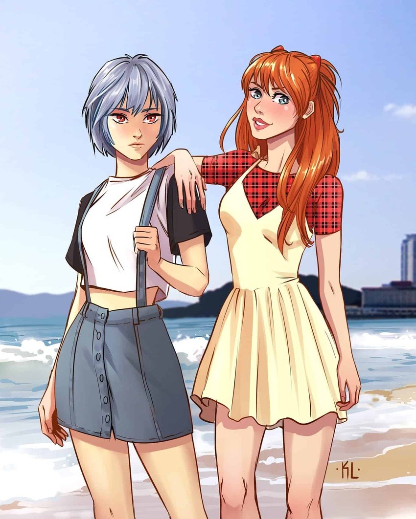 2girls alternate_costume arm_on_another's_shoulder ayanami_rei beach blue_eyes blue_hair blush casual day english_commentary expressionless eyebrows_hidden_by_hair highres kath_lobo multiple_girls neon_genesis_evangelion ocean orange_hair parted_lips plaid plaid_shirt red_eyes shirt short_hair skirt smile souryuu_asuka_langley suspender_skirt suspenders thick_lips unmoving_pattern water