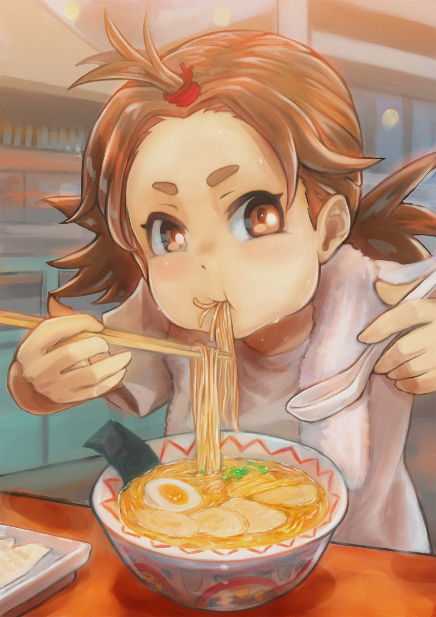 bowl brown_eyes brown_hair chopsticks eating female food highres kuroneko_douji noodles original ramen short_ponytail solo spoon thick_eyebrows