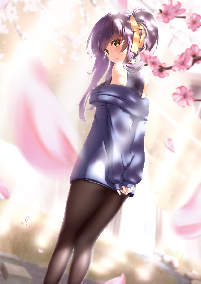 absurdres agent_aika aika_(series) alternate_hairstyle arms_behind_back ass black_pantyhose blue_hair blush breasts brown_eyes cherry_blossoms commentary_request day etsunami_kumita falling_petals female golden_delmo hair_ornament hair_ribbon hanami highres long_hair long_sleeves medium_breasts outdoors pantyhose petals ribbon rie_petoriyacowa side_ponytail smile solo standing sweater thighs tree very_long_hair yellow_ribbon