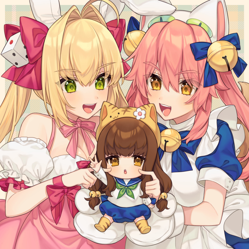 3girls ahoge animal_ears animal_hands animal_hat apron bell blonde_hair blue_bow blue_sailor_collar bow breasts brown_eyes brown_hair cat_hat cheek_poking cleavage commentary_request cosplay crossover dejiko dejiko_(cosplay) detached_sleeves di_gi_charat dice_hair_ornament dress fate/extra fate_(series) fox_tail girl_sandwich gloves green_eyes green_neckerchief hair_bell hair_intakes hair_ornament hairbow hat highres in_palm jingle_bell karokuchitose kishinami_hakuno_(female) long_hair maid_apron mini_person minigirl multiple_girls neckerchief nero_claudius_(fate) paw_gloves paw_shoes pink_bow pink_dress pink_hair plaid plaid_background poking puchiko puchiko_(cosplay) puffy_detached_sleeves puffy_short_sleeves puffy_sleeves pumpkin_pants rabbit_ears red_bow sailor_collar sandwiched short_sleeves tail tamamo_(fate) tamamo_no_mae_(fate/extra) twintails usada_hikaru usada_hikaru_(cosplay) w white_gloves wrist_bow yellow_eyes