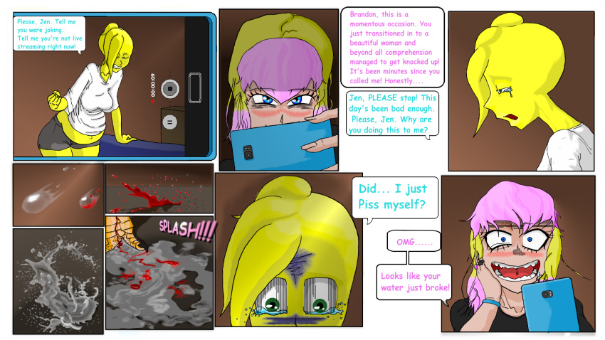 16:9 anthro avian bird blonde_hair blood bodily_fluids cellphone chica_(fnaf) chicken comic_sans dagney duo electronics english_text female five_nights_at_freddy's galliform gallus_(genus) gender_confusion gender_transformation hair hi_res human humanoid labor mammal mtf_transformation phasianid phone pink_hair pregnant scottgames tears text transformation widescreen