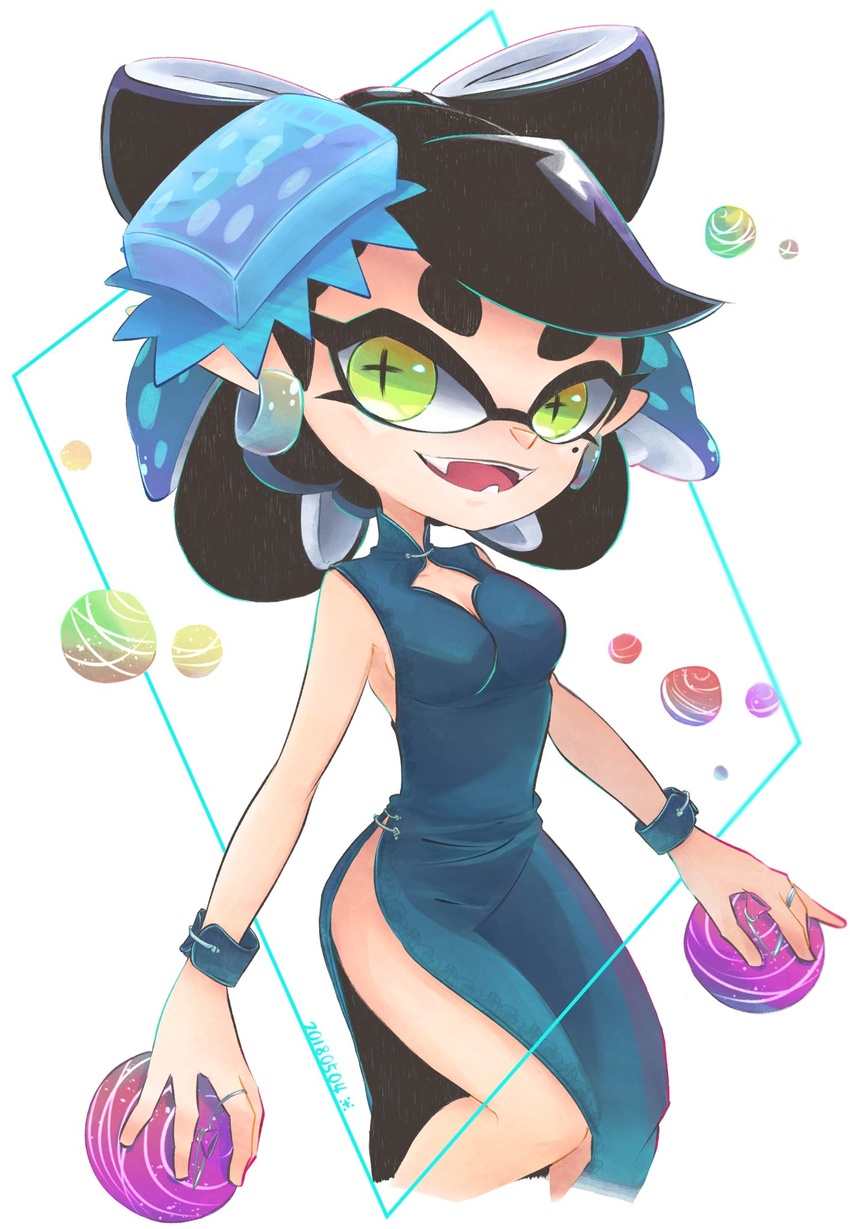 +_+ black_hair blue_dress blue_hair callie_(splatoon) china_dress chinese_clothes cleavage_cutout clothing_cutout commentary_request dress earrings female food food_on_head green_eyes highres inkling jewelry looking_at_viewer mole mole_under_eye multicolored_hair object_on_head oerba_yun_fang okome_2g2g pointy_ears side_slit solo splatoon_(series) tentacle_hair thighs