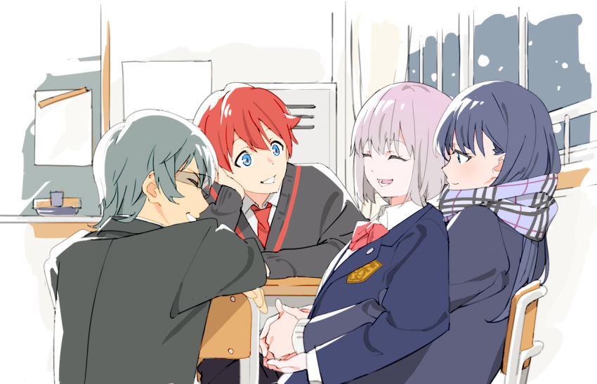 2boys 2girls arm_rest black_hair blazer blue_eyes bow bowtie closed_eyes commentary_request desk eraser eyes_visible_through_eyewear glasses green_hair gridman_universe head_rest hibiki_yuuta hug hug_from_behind jacket light_purple_hair multiple_boys multiple_girls necktie onioohashi pink_bow red_bow red_bowtie red_hair red_necktie school_uniform shinjou_akane smile ssss.gridman sweater takarada_rikka utsumi_shou window yuri