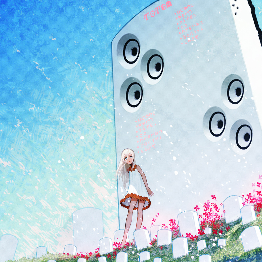 arms_at_sides asgr blue_eyes commentary dress female flower gradient hecatoncheir highres leaning_back long_hair looking_up original polka_dot polka_dot_background snow solo standing sundress surreal symbol-only_commentary white_hair