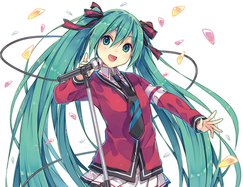 :d album_cover alternate_costume aqua_eyes aqua_hair cable cover female hair_ribbon hatsune_miku long_hair looking_at_viewer microphone microphone_stand natsu_natsuna necktie open_mouth ribbon school_uniform smile solo twintails very_long_hair vocaloid white_background