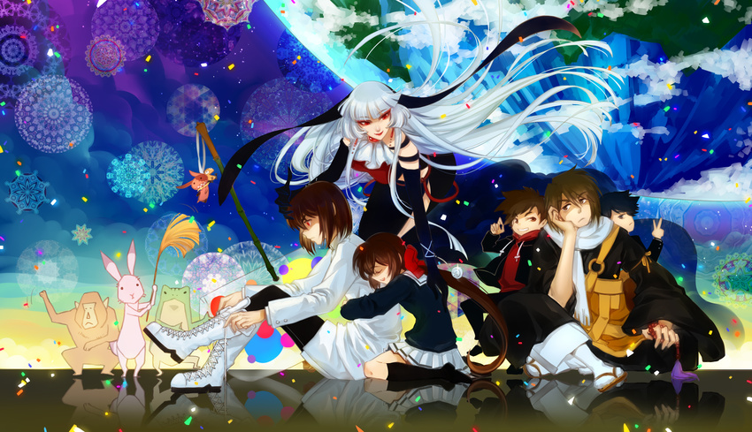 a_(kyousougiga) absurdres boots bow brown_hair closed_eyes commentary_request confetti elbow_gloves gakuran gloves hairbow highres hood hoodie huazha01 hug inari_(kyousougiga) koto_(kyousougiga) kyousougiga lady_koto long_hair multiple_boys multiple_girls myoue photoshop_(medium) ponytail red_eyes school_uniform serafuku shoes short_hair silver_hair sitting skirt smile tying_footwear un_(kyousougiga) yakushimaru