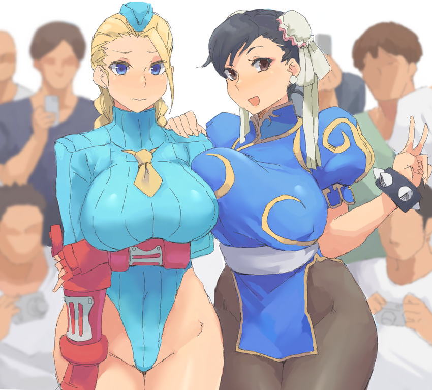 2girls 6+boys ahoge black_hair blue_leotard bracelet breasts brown_eyes cammy_white chun-li commentary_request double_bun faceless faceless_male garrison_cap groin hair_bun hat highleg highleg_leotard huge_ahoge jewelry large_breasts leotard light_smile looking_at_viewer minakami_(flyingman555) multiple_boys multiple_girls pantyhose ribbed_leotard short_hair shoulder_pads sleeved_leotard smile spiked_bracelet spikes street_fighter street_fighter_zero_(series) v