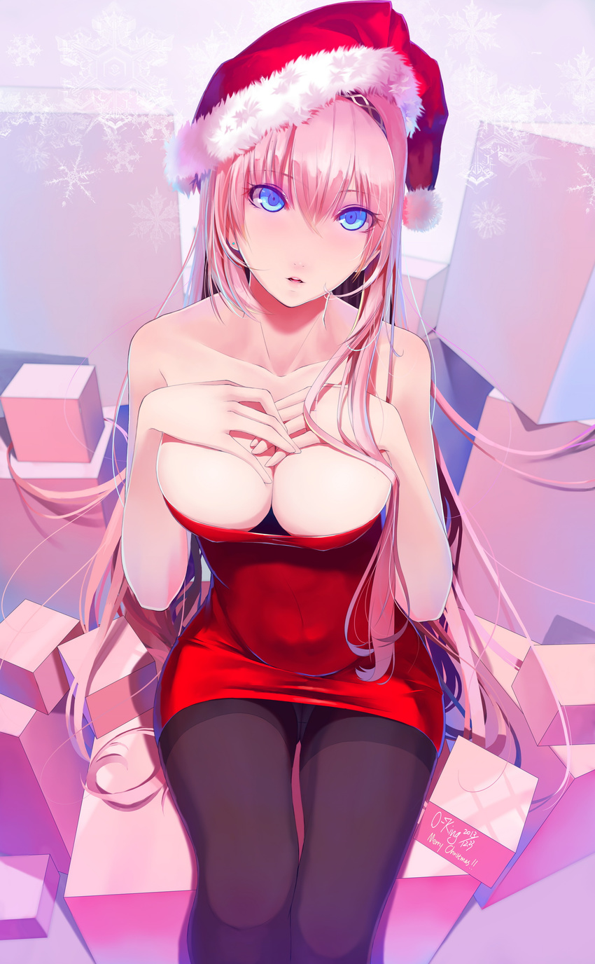 absurdres bare_shoulders black_pantyhose blue_eyes blush breasts cleavage commentary_request crotch_seam female hand_on_own_chest hat highres large_breasts long_hair looking_at_viewer megurine_luka okingjo open_mouth panties panties_under_pantyhose pantyhose pink_hair red_skirt santa_hat skirt solo thigh_gap thighband_pantyhose thighs underwear vocaloid