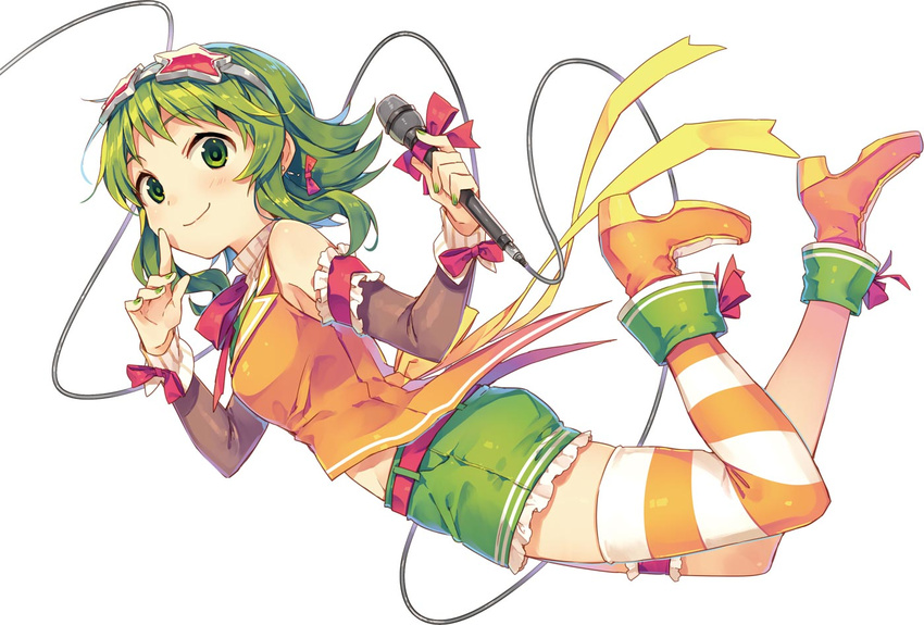 album_cover bow cable cover female full_body goggles goggles_on_head green_eyes green_hair gumi holding holding_microphone microphone natsu_natsuna ribbon short_hair_with_long_locks shorts sidelocks smile solo star-shaped_eyewear star_(symbol) striped_clothes striped_thighhighs thighhighs vocaloid white_background wrist_ribbon