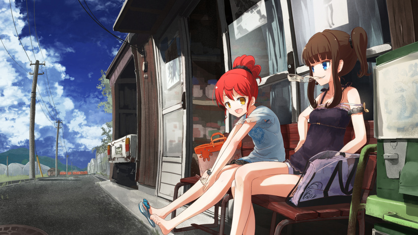 2girls bad_id bad_pixiv_id barefoot bench blue_eyes brown_hair cloud commentary_request crossed_legs day flip-flops highres kurosu_aroma legs long_hair multiple_girls ponytail pretty_series pripara red_hair ruru_ashihara sandals shiratama_mikan shoes short_hair single_sandal single_shoe sitting sky twintails yellow_eyes