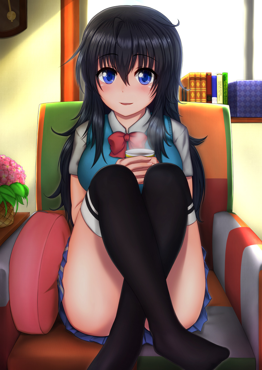 ahoge black_hair black_thighhighs blue_eyes blush breasts commentary_request convenient_leg female highres large_breasts long_hair looking_at_viewer netoge_no_yome_wa_onna_no_ko_janai_to_omotta? no_shoes okuriyuku school_uniform smile solo sweater_vest tamaki_ako thighhighs