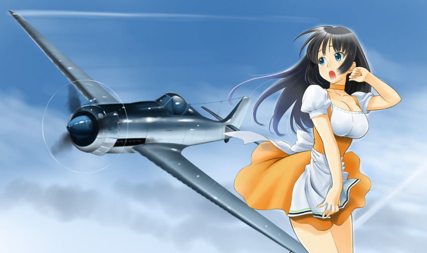 aircraft airplane akiyama_mio anna_miller apron black_eyes black_hair chaborin choker commentary_request female k-on! long_hair ta_152 vehicle_focus waitress