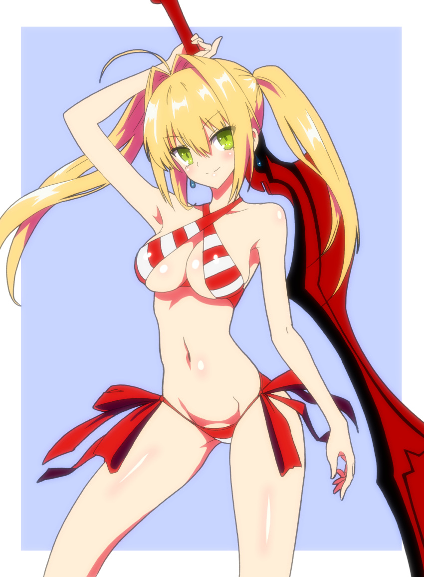 aestus_estus ahoge arm_up bikini blonde_hair breasts commentary_request criss-cross_halter earrings fate/grand_order fate_(series) female gin'you_haru green_eyes hair_between_eyes hair_intakes halterneck head_tilt highres jewelry large_breasts light_smile long_hair looking_at_viewer navel nero_claudius_(fate) nero_claudius_(swimsuit_caster)_(fate) solo striped_bikini striped_clothes swimsuit twintails