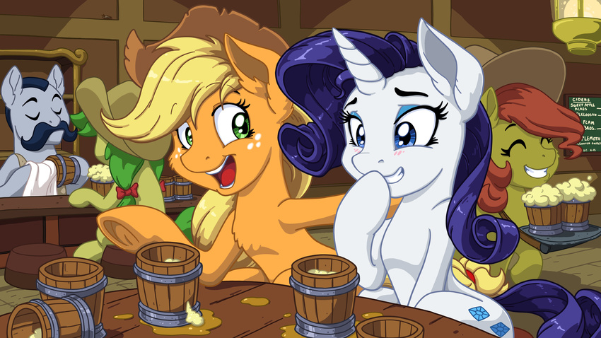 16:9 2015 applejack_(mlp) blonde_hair blue_eyes blue_eyeshadow blush cider cutie_mark detailed_background duo earth_pony equid equine eyeshadow female feral freckles friendship_is_magic furniture green_eyes hair hasbro hi_res horn horse inside latecustomer makeup mammal my_little_pony mythological_creature mythological_equine mythology pony purple_hair rarity_(mlp) sitting table unicorn widescreen