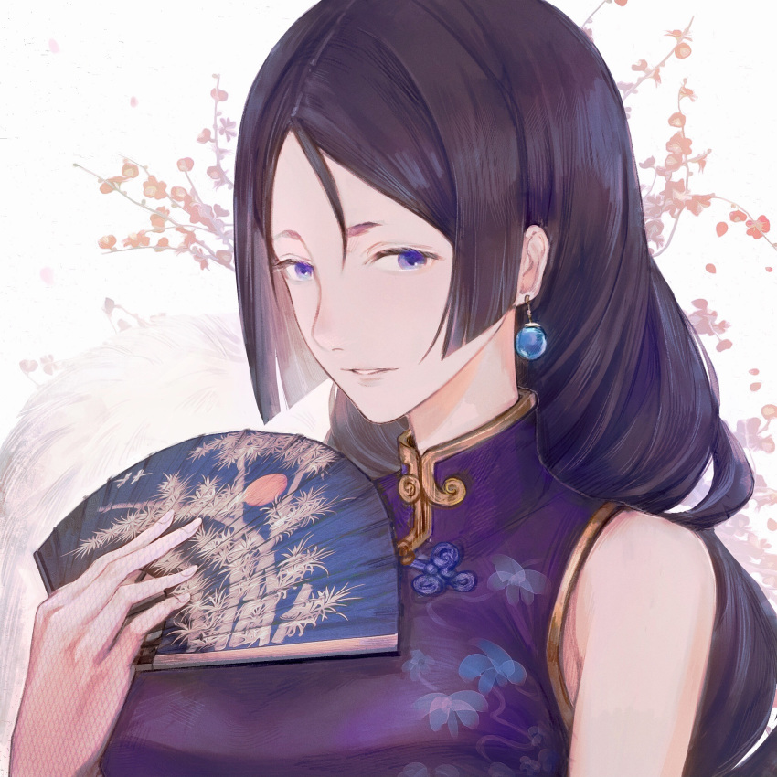 alternate_costume bad_id bad_pixiv_id bare_shoulders china_dress chinese_clothes commentary_request dr_woodpecker dress earrings fate/grand_order fate_(series) female folding_fan hand_fan highres holding holding_fan jewelry long_hair looking_at_viewer minamoto_no_raikou_(fate) minamoto_no_raikou_(traveling_outfit)_(fate) parted_bangs parted_lips portrait purple_dress purple_eyes purple_hair sleeveless sleeveless_dress solo