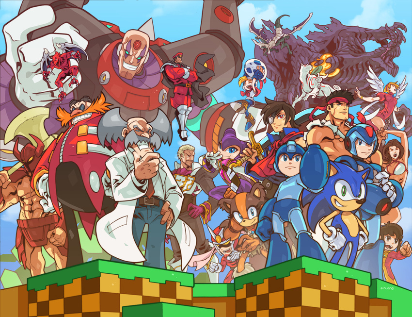 3girls 6+boys :d abs alex_kidd alex_kidd_(character) amaterasu_(ookami) androgynous android archie_comics arm_cannon armor artist_name axe bald bandana battle_axe belt bikini bikini_armor billy_hatcher billy_hatcher_and_the_giant_egg blonde_hair blue_eyes blue_headwear blue_pants blue_sky boomerang bracelet breath_of_fire breath_of_fire_iii brown_belt brown_hair capcom cape claws clenched_hand clenched_hands closed_eyes closed_mouth collared_shirt comic_cover commentary cover cover_page crossed_arms crossover cutlass day death-adder demon dr._eggman dr._wily_(mega_man) dragon edwin_huang egg english_commentary eternal_arcadia eyepatch facial_hair fire floating flying forehead_jewel furry furry_female furry_male galcian gloves golden_axe gore_magala green_eyes grey_hair grin hand_on_own_arm hand_on_own_chin hand_on_own_hip hand_up hands_on_own_hips hat helmet holding holding_axe holding_egg holding_sword holding_weapon jewelry keil_fluge lab_coat looking_at_viewer m._bison makaimura mega_man_(character) mega_man_(classic) mega_man_(series) mega_man_x_(series) military military_hat military_uniform monster monster_hunter_(series) monster_hunter_4 moustache multiple_boys multiple_crossover multiple_girls necktie nights_(character) nights_into_dreams nina_(breath_of_fire_iii) official_art okami open_mouth outdoors pants panzer_dragoon pectorals red_arremer red_headwear red_necktie ryu_(street_fighter) scar scar_across_eye sega serious shirt shirt_tucked_in sigma_(mega_man) sky smile sonic_(series) sonic_boom_(series) sonic_the_hedgehog sonic_the_hedgehog_(archie_comics) sticks_the_badger street_fighter stroking_own_chin swimsuit sword textless_version topless_male tyris_flare uniform viewtiful_joe viewtiful_joe_(character) vyse weapon white_gloves white_shirt white_wings wings x_(mega_man)