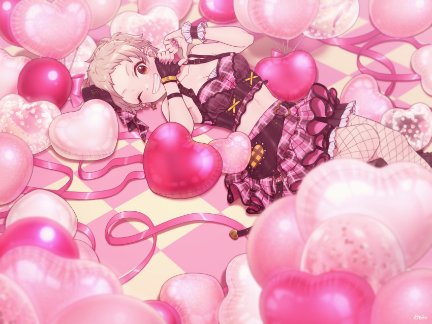 ;) absurdres balloon bow breasts brown_eyes female fingerless_gloves fishnet_pantyhose fishnets gloves heart heart_balloon heart_hands highres idolmaster idolmaster_cinderella_girls idolmaster_cinderella_girls_starlight_stage indoors light_brown_hair looking_at_viewer lying midriff on_back on_floor one_eye_closed pantyhose pink_bow pink_nails pink_ribbon pink_skirt plaid plaid_skirt ribbon senzaki_ema short_hair single_glove skirt small_breasts smile solo taidanotori tile_floor tiles very_short_hair