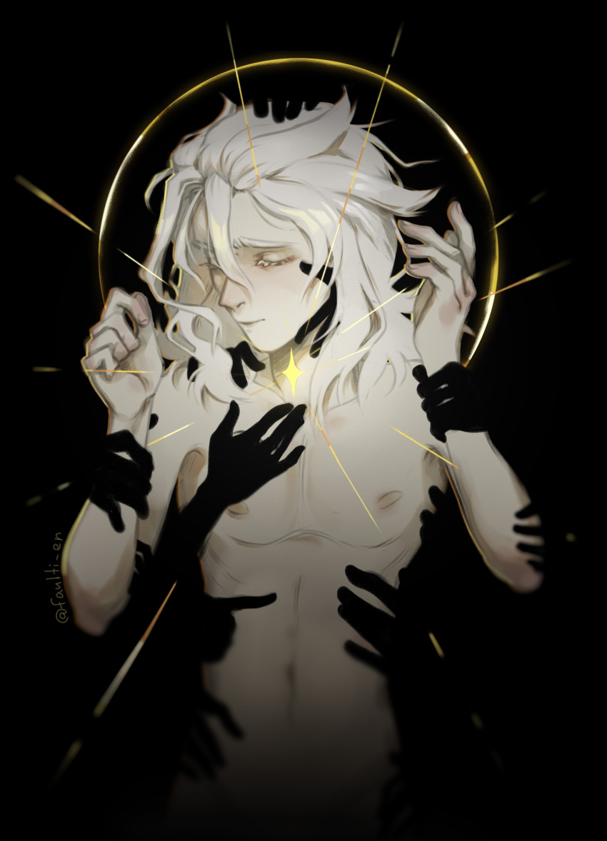 1boy absurdres albedo_(genshin_impact) black_background closed_eyes disembodied_hand faulti_er genshin_impact hands_up highres looking_down male_focus medium_hair messy_hair nipples pectorals skinny solo sparkle star_(symbol) too_many_hands white_eyelashes white_hair