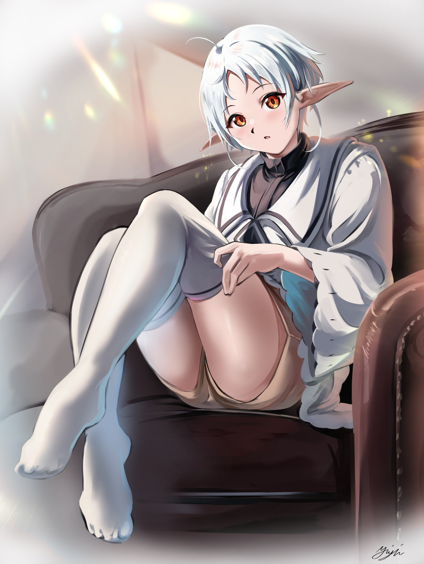 :o absurdres ahoge blush couch elf feet female full_body grey_shorts highres indoors jacket long_sleeves looking_at_viewer mushoku_tensei on_couch orange_eyes pointy_ears ranoa_magic_academy_school_uniform school_uniform short_hair shorts signature sitting solo sylphiette_(mushoku_tensei) thighhighs thighhighs_pull thighs white_hair white_jacket white_thighhighs wide_sleeves yujin_(kanouyuuto-0423) zettai_ryouiki