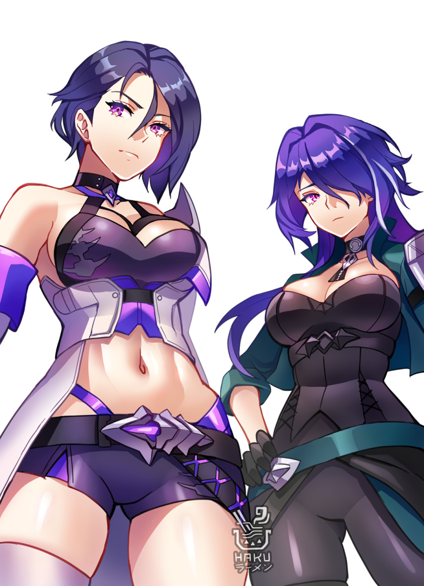 2girls acheron_(honkai:_star_rail) acheron_(honkai:_star_rail)_(cosplay) allegra_clark black_gloves breasts choker cleavage cosplay costume_switch crossover fire_emblem fire_emblem:_three_houses gloves hair_over_one_eye hakuramen highres honkai:_star_rail honkai_(series) long_hair looking_at_viewer multicolored_hair multiple_girls purple_eyes purple_hair shamir_nevrand shamir_nevrand_(cosplay) short_hair streaked_hair very_long_hair voice_actor_connection