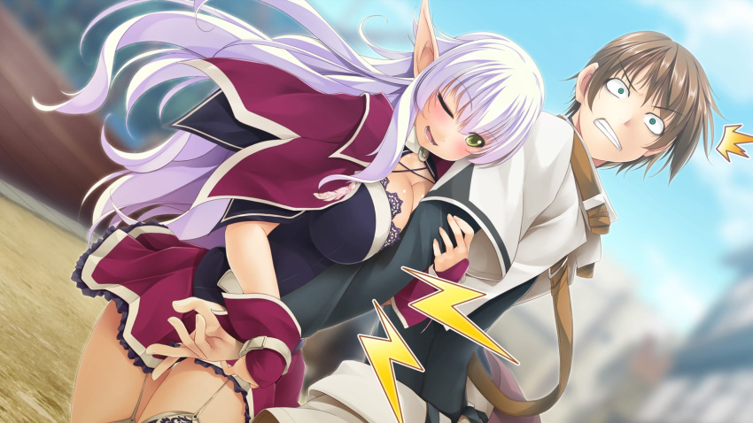 1boy alto_travers arm_hug atelier-moo belt blush breasts brown_hair cleavage cloak dark_elf elf female green_eyes hair_between_eyes highres joint_lock large_breasts long_hair long_pointy_ears long_sleeves miniskirt narrow_waist one_eye_closed open_mouth pointy_ears purple_cloak purple_hair short_hair silvia_milsteen skirt smile standing teeth very_long_hair wizards_symphony yellow_eyes zettai_ryouiki