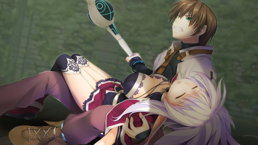 1boy alto_travers atelier-moo belt breasts brown_hair carrying cloak closed_eyes closed_mouth commentary_request dark_elf elf female full_body garter_straps green_eyes hair_between_eyes holding holding_staff large_breasts long_hair long_pointy_ears long_sleeves lying miniskirt pointy_ears princess_carry purple_cloak purple_hair short_hair silvia_milsteen skirt staff thighhighs thighs unconscious very_long_hair wizards_symphony zettai_ryouiki