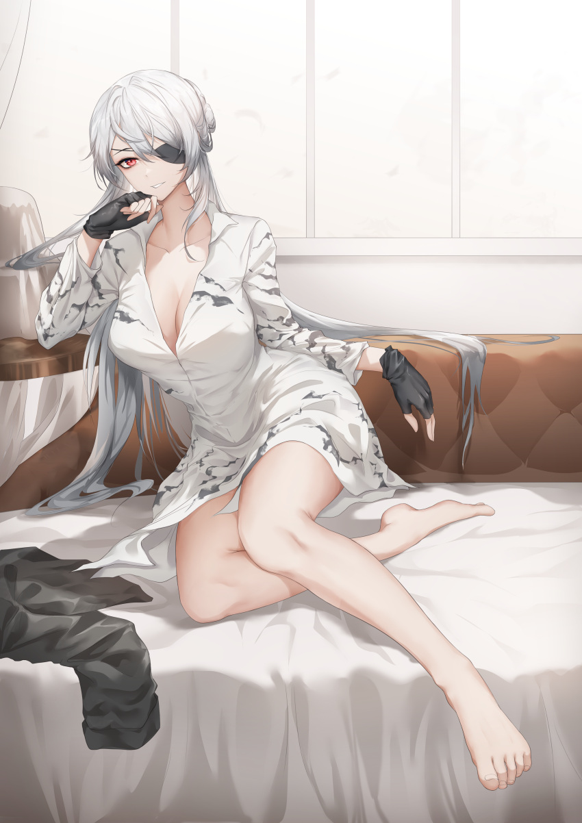 absurdres arm_support barefoot black_gloves breasts chinese_commentary cleavage evelyn_(neural_cloud) evelyn_(roaring_center_stage)_(neural_cloud) eyepatch feet female fingerless_gloves full_body girls'_frontline girls'_frontline_neural_cloud gloves highres indoors long_hair looking_at_viewer official_alternate_costume parted_lips partially_undressed red_eyes shirt sitting smile solo thatob toes unworn_clothes white_hair white_shirt