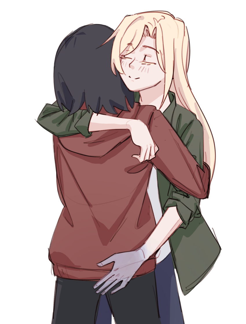 2girls arm_around_neck black_hair black_panties blonde_hair closed_eyes closed_mouth commentary egakuning english_commentary green_jacket hand_on_another's_ass highres hug jacket kamikoshi_sorawo long_hair long_sleeves multiple_girls nishina_toriko panties photo-referenced red_jacket short_hair simple_background smile split_mouth transparent_hand underwear urasekai_picnic white_background yuri