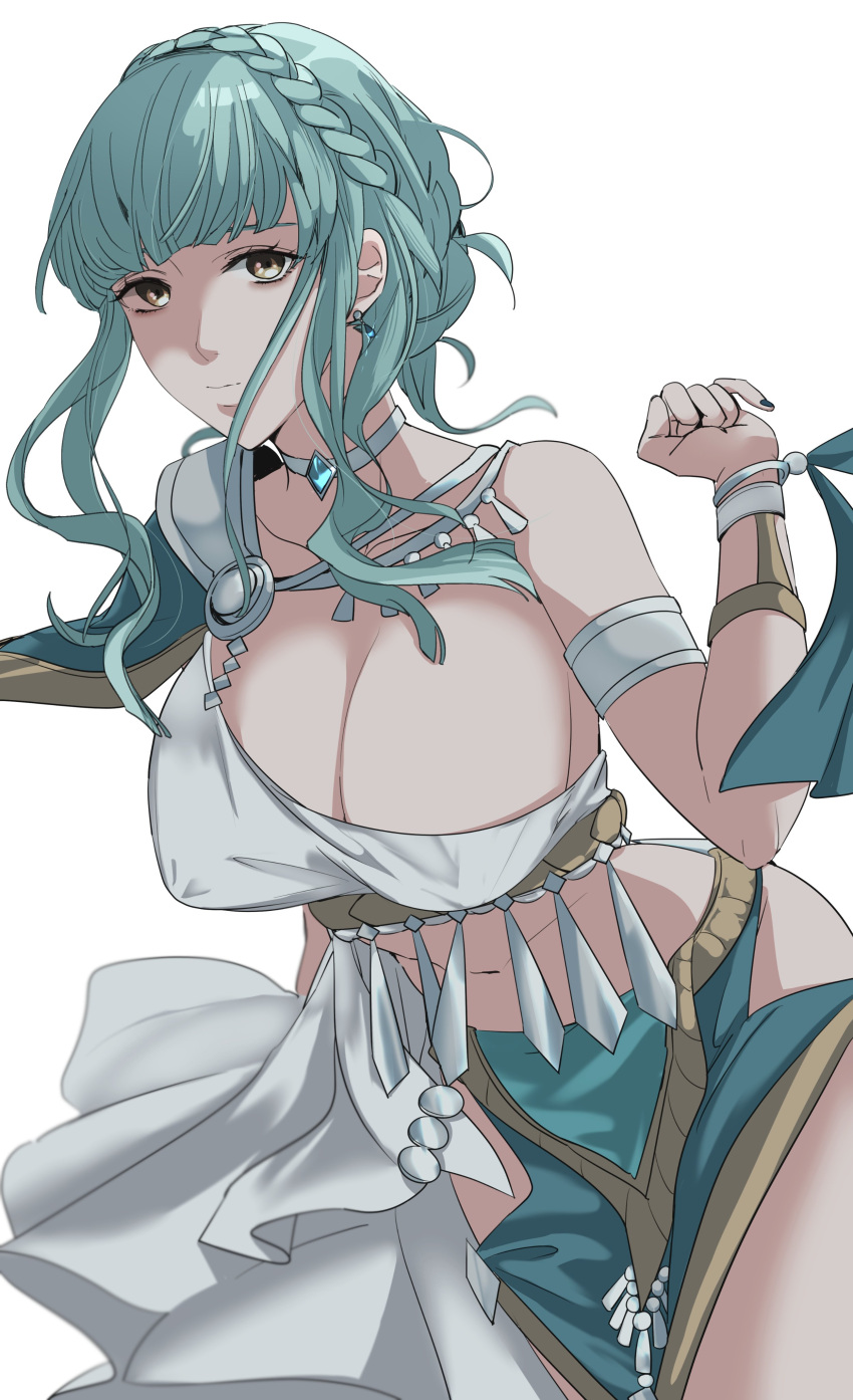 absurdres armlet blue_hair braid breasts brown_eyes cleavage closed_mouth commentary_request crown_braid dancer_(fire_emblem:_three_houses) earrings female fire_emblem fire_emblem:_three_houses highres jewelry large_breasts marianne_von_edmund midriff official_alternate_costume pelvic_curtain short_hair sidelocks simple_background solo sou_mei white_background