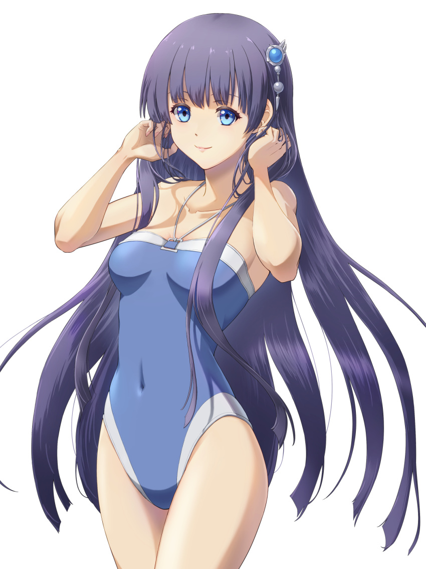 bare_shoulders blue_eyes blue_hair blue_one-piece_swimsuit breasts chiga_akira commentary covered_navel cowboy_shot eiyuu_densetsu elise_schwarzer female hajimari_no_kiseki highleg highleg_swimsuit highres long_hair one-piece_swimsuit simple_background small_breasts solo strapless strapless_one-piece_swimsuit swimsuit two-tone_swimsuit white_background