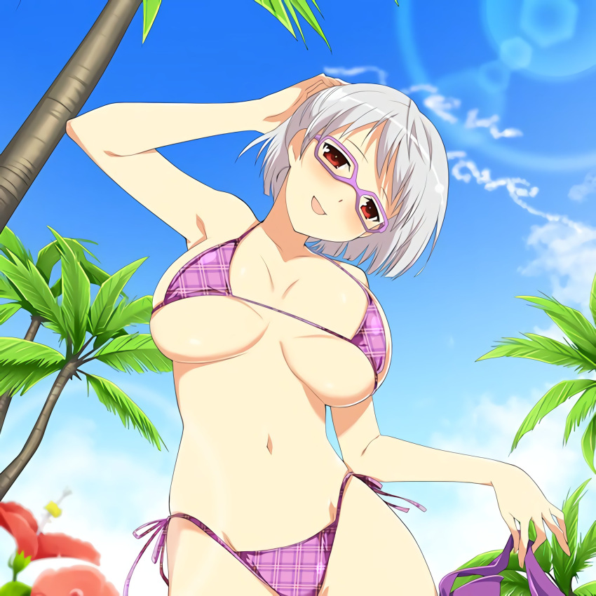 air_writing arm_behind_head bikini blunt_ends blush breasts collarbone contrail cowboy_shot female flower from_below glasses grey_hair groin hibiscus highres holding holding_ribbon kisaragi_(senran_kagura) large_breasts lens_flare micro_bikini navel official_art open_mouth outdoors palm_leaf palm_tree plaid plaid_bikini plaid_bikini_bottom plaid_bikini_top plant purple-framed_eyewear purple_bikini purple_ribbon red_eyes ribbon senran_kagura senran_kagura_new_wave short_hair side-tie_bikini_bottom skindentation smile solo standing swept_bangs swimsuit tree yaegashi_nan