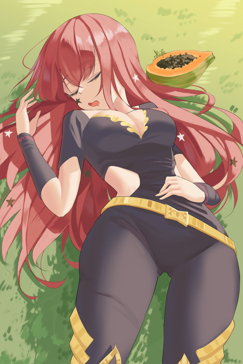 breasts closed_eyes female fire_emblem fire_emblem_engage food fruit highres long_hair lying medium_breasts on_back on_grass open_mouth outdoors papaya red_hair revvie sleeping solo yunaka_(fire_emblem)