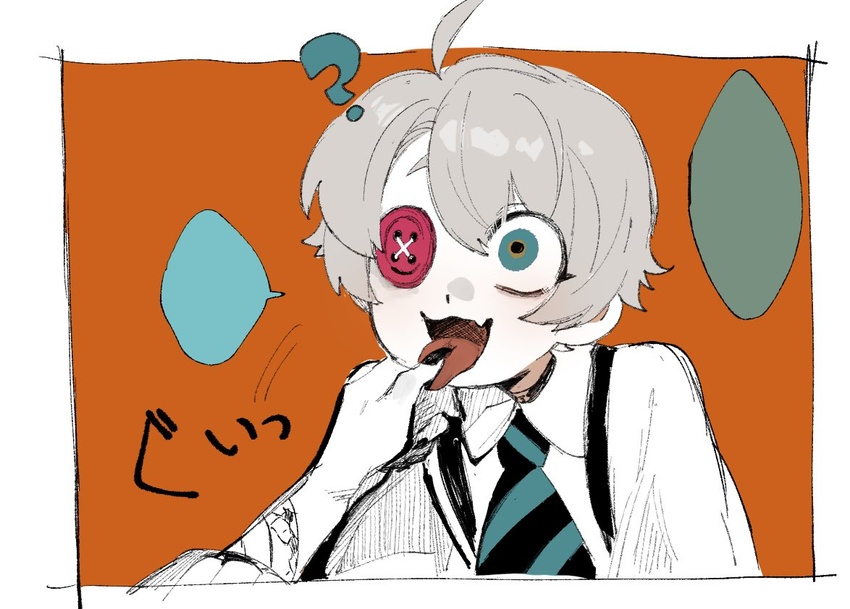 1boy ? ahoge black_nails blank_speech_bubble blue_eyes blue_necktie button_eyes buttons collared_shirt commentary_request disembodied_hand fingernails grey_hair hand_in_another's_mouth hand_up long_sleeves looking_at_viewer maddy_(minai_mosa) male_focus minai_mosa necktie oerba_yun_fang open_mouth orange_background original sharp_fingernails shirt short_hair simple_background skin_fang solo_focus speech_bubble striped_necktie suspenders tongue tongue_out white_shirt