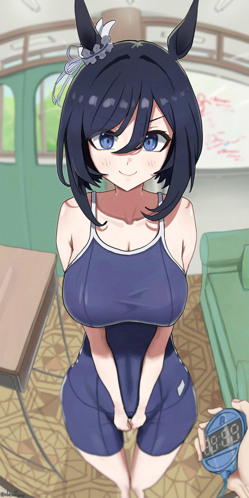 absurdres ahiru3desuyo animal_ears black_hair blue_eyes blue_one-piece_swimsuit blurry blurry_background breasts classroom cleavage closed_mouth commentary_request competition_school_swimsuit couch desk disembodied_hand door ear_ornament eishin_flash_(umamusume) feet_out_of_frame female hair_between_eyes highres holding_stopwatch horse_ears horse_girl horse_tail indoors large_breasts one-piece_swimsuit school_desk school_swimsuit short_hair smile solo_focus standing stopwatch swimsuit tail tracen_swimsuit umamusume v-shaped_eyebrows whiteboard