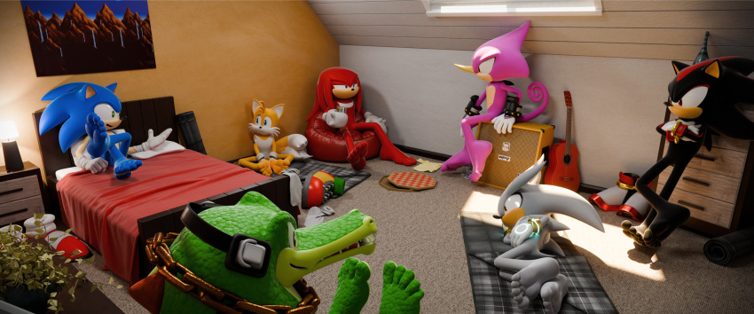 3d_(artwork) 5_toes absurd_res anthro barefoot bed bedroom canid canine chameleon clothing crocodile crocodilian crocodylid digital_media_(artwork) echidna espio_the_chameleon eulipotyphlan feet feetymcfoot fox furniture gloves group guitar handwear hedgehog hi_res knuckles_the_echidna lizard male male_feet mammal monotreme musical_instrument plant plucked_string_instrument reptile scalie sega shadow_the_hedgehog shoes_removed silver_the_hedgehog soles sonic_the_hedgehog sonic_the_hedgehog_(series) string_instrument tails toes vector_the_crocodile