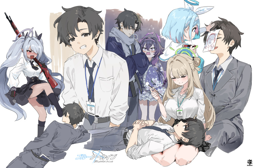 1boy 4girls absurdres arona_(blue_archive) battle_rifle black_eyes black_gloves black_hair black_necktie black_skirt blue_archive blue_archive_the_animation blue_hair blue_halo blush braid breasts closed_eyes closed_mouth collared_shirt colored_inner_hair dohyo123123 doodle_sensei_(blue_archive) floral_print gloves green_halo grey_hair grey_halo grey_pants grey_scarf grin gun hair_between_eyes hair_over_one_eye halo haruka_(blue_archive) haruka_(new_year)_(blue_archive) highres holding holding_gun holding_weapon id_card iori_(blue_archive) japanese_clothes kimono large_breasts light_brown_hair long_hair long_sleeves md5_mismatch medium_breasts multicolored_hair multiple_girls multiple_views necktie nonomi_(blue_archive) nose_bubble open_mouth pants pink_hair pleated_skirt print_kimono purple_eyes purple_hair purple_halo purple_kimono red_eyes rifle scarf sensei_(blue_archive) sensei_(blue_archive_the_animation) shirt short_hair single_braid skirt sleeping small_breasts smile suit twintails weapon white_shirt wide_sleeves