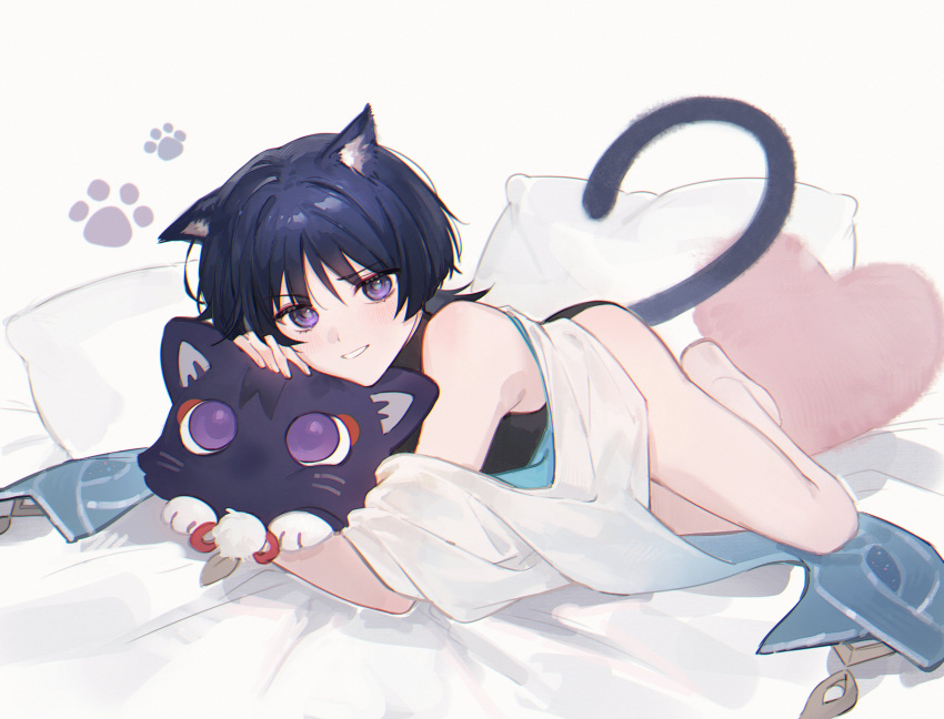 1boy absurdres androgynous bare_legs bare_shoulders barefoot black_leotard blue_hair blush cat_boy cat_tail chinese_commentary commentary_request feline genshin_impact grey_background heart heart-shaped_pillow highres legs leotard leotard_under_clothes looking_at_viewer lying male_focus medium_hair mixed-language_commentary nekomi_0 off_shoulder on_bed on_stomach open_mouth pillow purple_eyes scaramouche_(cat)_(genshin_impact) scaramouche_(genshin_impact) solo stuffed_animal stuffed_cat stuffed_toy tail