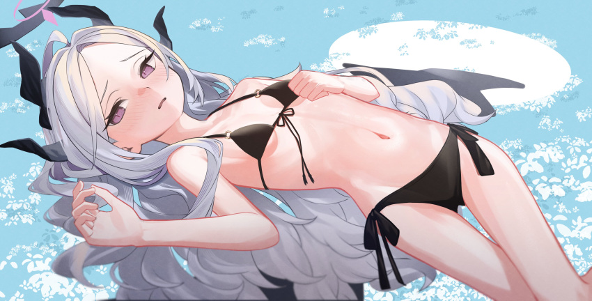 absurdres bare_arms bare_legs bare_shoulders bikini black_bikini blue_archive blush breasts collarbone commentary day female forehead front-tie_bikini_top front-tie_top groin hair_ornament highres hina_(blue_archive) horns lazu0721 long_hair looking_at_viewer lying navel on_back purple_eyes side-tie_bikini_bottom small_breasts smile solo stomach string_bikini swimsuit thighs very_long_hair white_hair