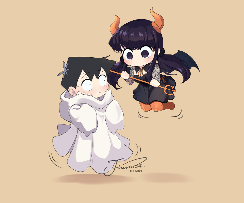 1boy absurdres artist_name black_dress black_hair black_scrunchie black_wings breasts chibi cleavage closed_mouth commentary dress female flower full_body ghost_costume hair_flower hair_ornament hair_scrunchie halloween highres horns j_humbo komi-san_wa_komyushou_desu komi_shouko long_sleeves looking_at_another low_twintails motion_lines neck_ribbon no_mouth no_nose orange_horns orange_pantyhose orange_ribbon pantyhose raised_eyebrows ribbon scrunchie short_hair signature simple_background sleeves_past_fingers sleeves_past_wrists swept_bangs symbol-only_commentary tadano_hitohito twintails wings