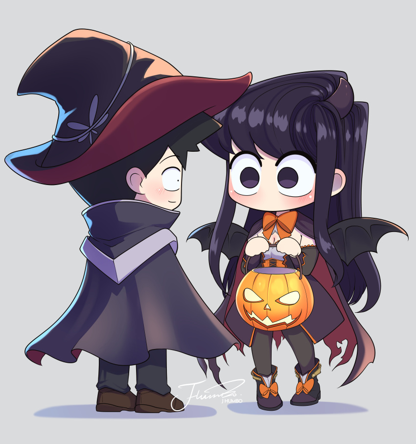 1boy absurdres artist_name black_hair black_wings boots breasts brown_footwear cape chibi cleavage closed_mouth commentary dress face-to-face female full_body halloween hat highres holding horns j_humbo jack-o'-lantern komi-san_wa_komyushou_desu komi_shouko loafers long_hair long_sleeves looking_at_another no_mouth no_nose pants profile purple_eyes purple_hair shoes signature standing swept_bangs symbol-only_commentary tadano_hitohito torn_cape torn_clothes very_long_hair wings