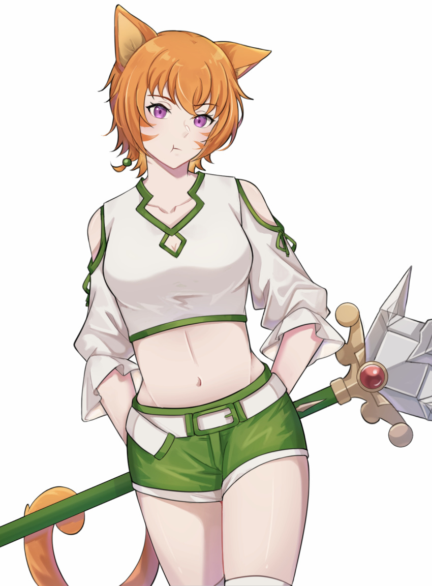 :t alternate_costume animal_ears bare_shoulders breasts cat_ears cat_tail cleavage closed_mouth commission commissioner_upload facepaint female fire_emblem fire_emblem:_path_of_radiance fire_emblem:_radiant_dawn highres kanne_(sousou_no_frieren) lethe_(fire_emblem) looking_at_viewer midriff navel pout purple_eyes short_hair shorts solo staff tail white_background window witchi